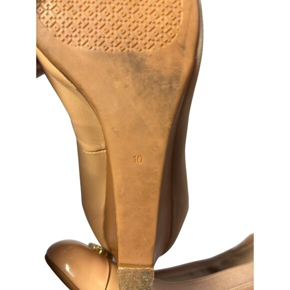 Tory Burch Beige Buttery Leather Wedge Heels Gold Logo Womens Size 10M Classic - Picture 12 of 12